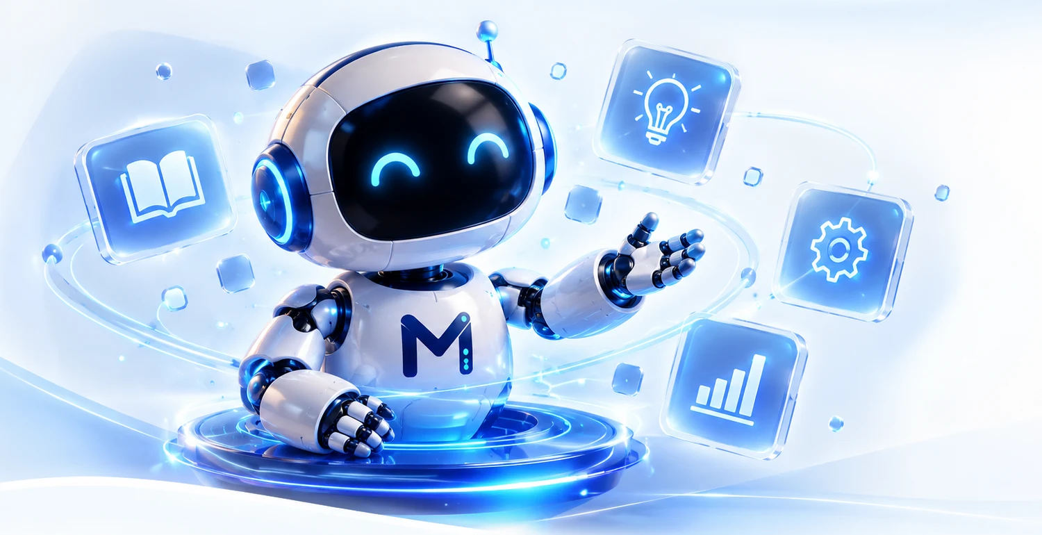 Robot MxIA rodeado de iconos de aprendizaje, ideas, automatización y analítica