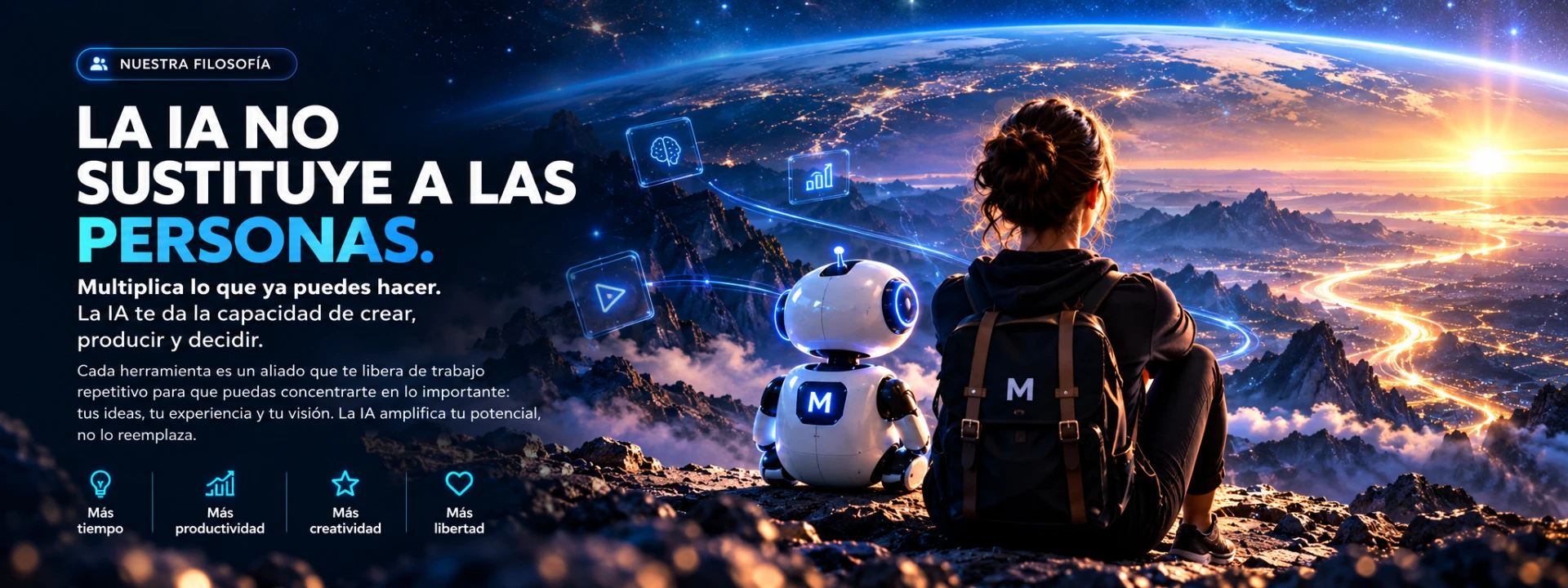 Una persona y un pequeño robot MxIA contemplan juntos un horizonte tecnológico